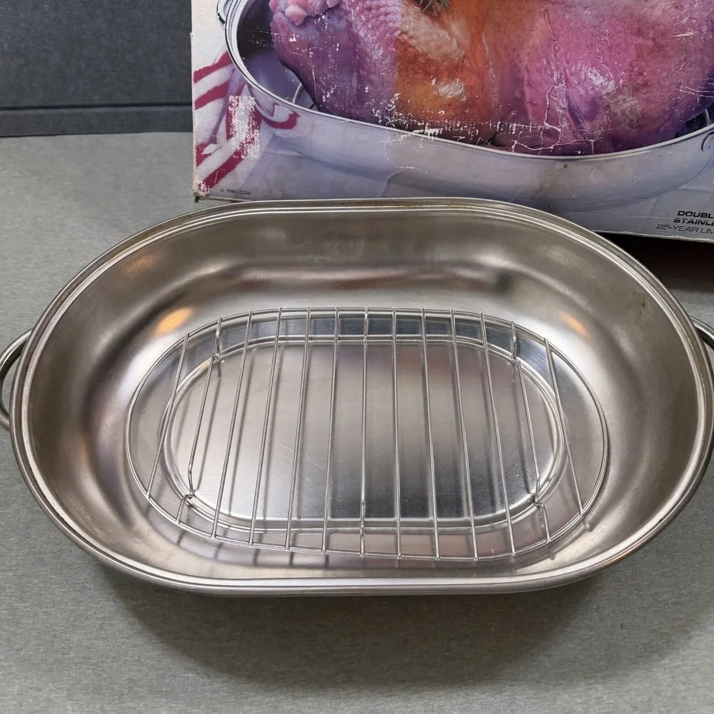 Revere Ware Roasting Pan 2504 Silver Vintage 80s Stainless Steel Domed Double